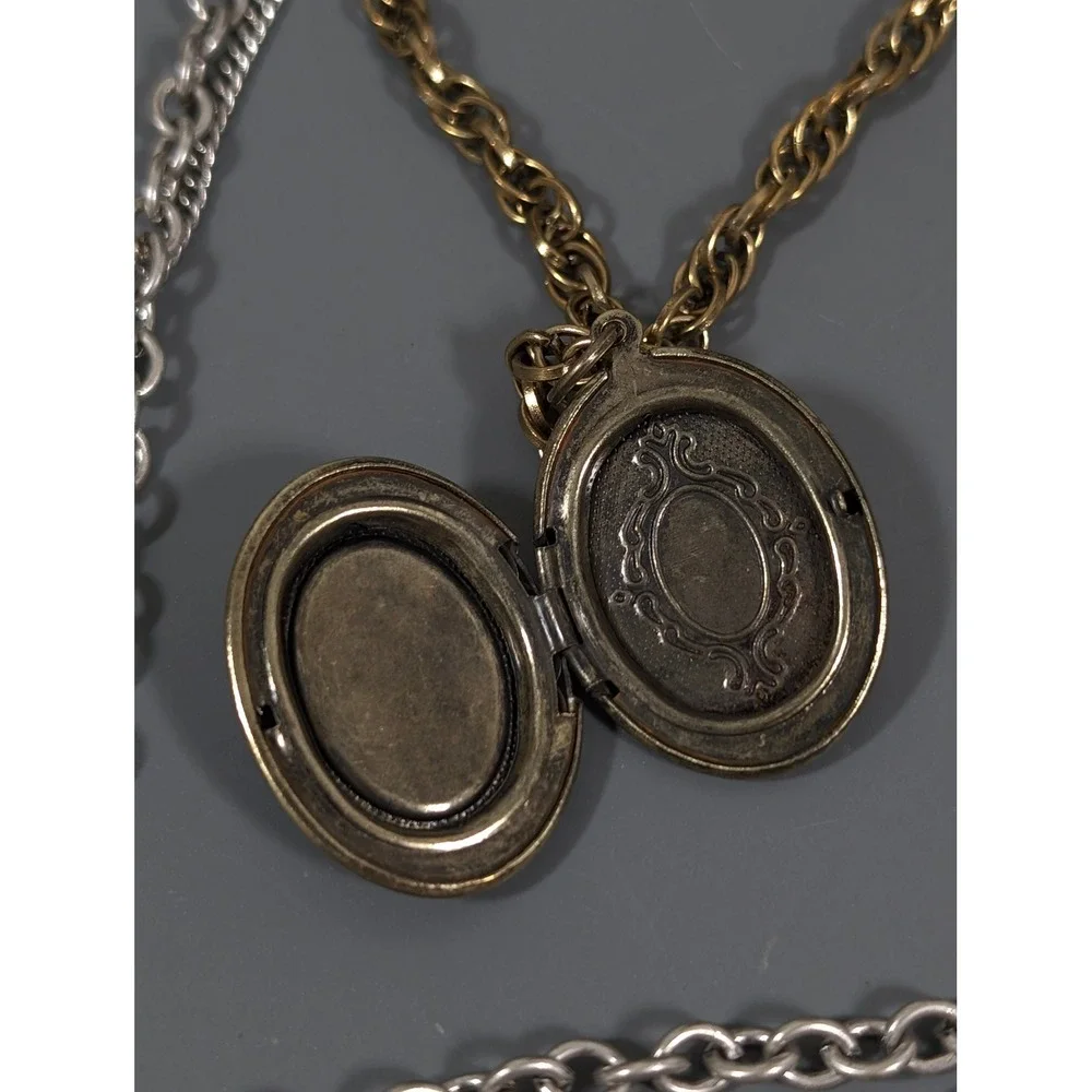 Two Tone‎ Layered Necklace Bird Charm Blue Enamel Locket Distressed 22in